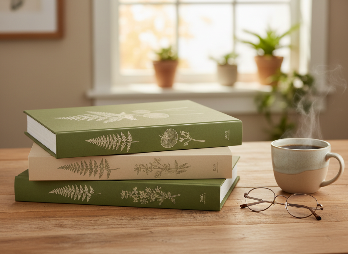 The three Raised Bed Blueprint handbooks stacked on a wooden table beside a cup of coffee