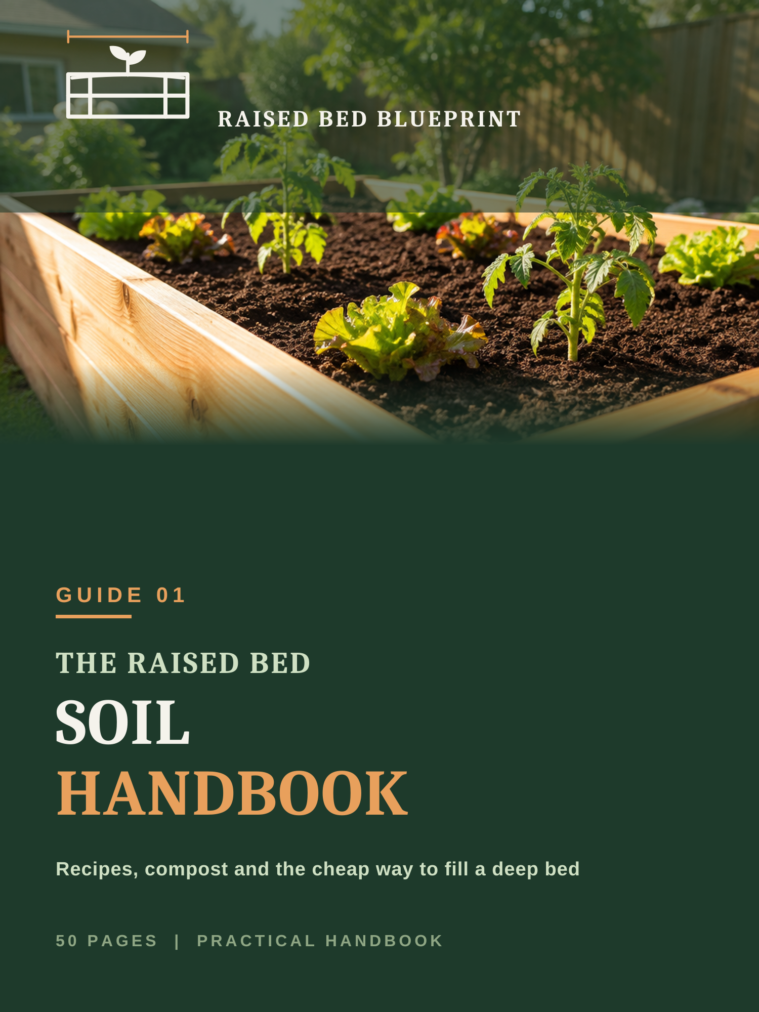 Cover of the Raised Bed Soil Handbook: a young raised bed with lettuce and tomato seedlings