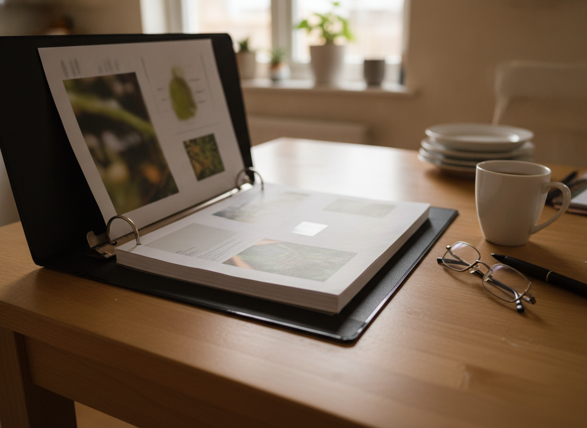 The Raised Bed Blueprint guides printed at home and clipped in an open binder on a kitchen table