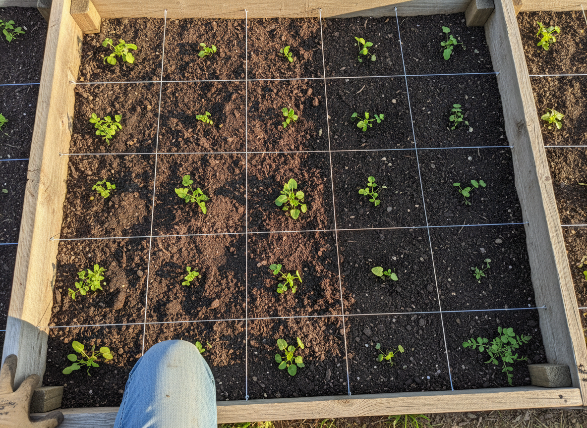 Overhead view of a raised bed divided into a string planting grid, with young seedlings in the squares