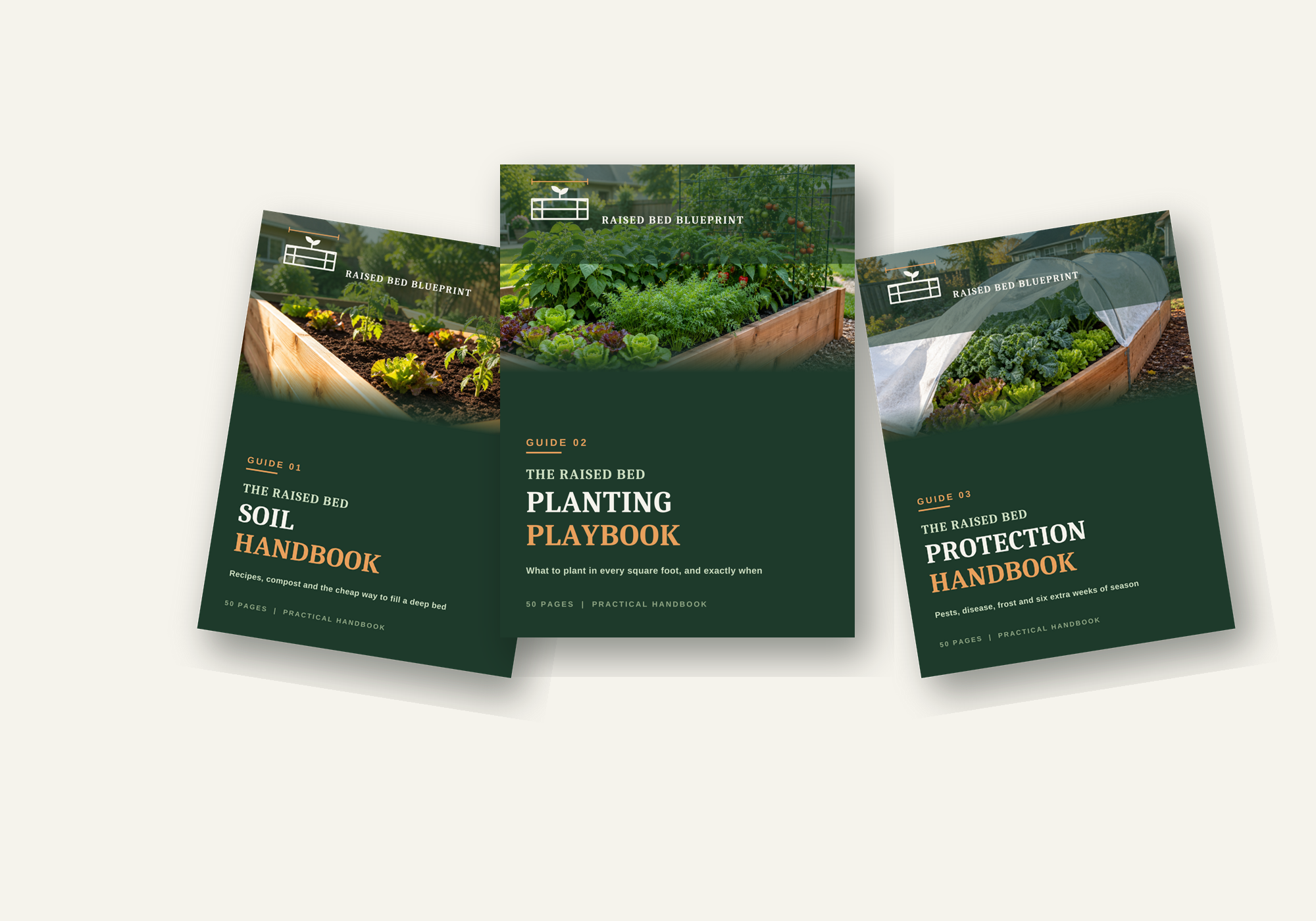 The three Raised Bed Blueprint bonus guides shown side by side