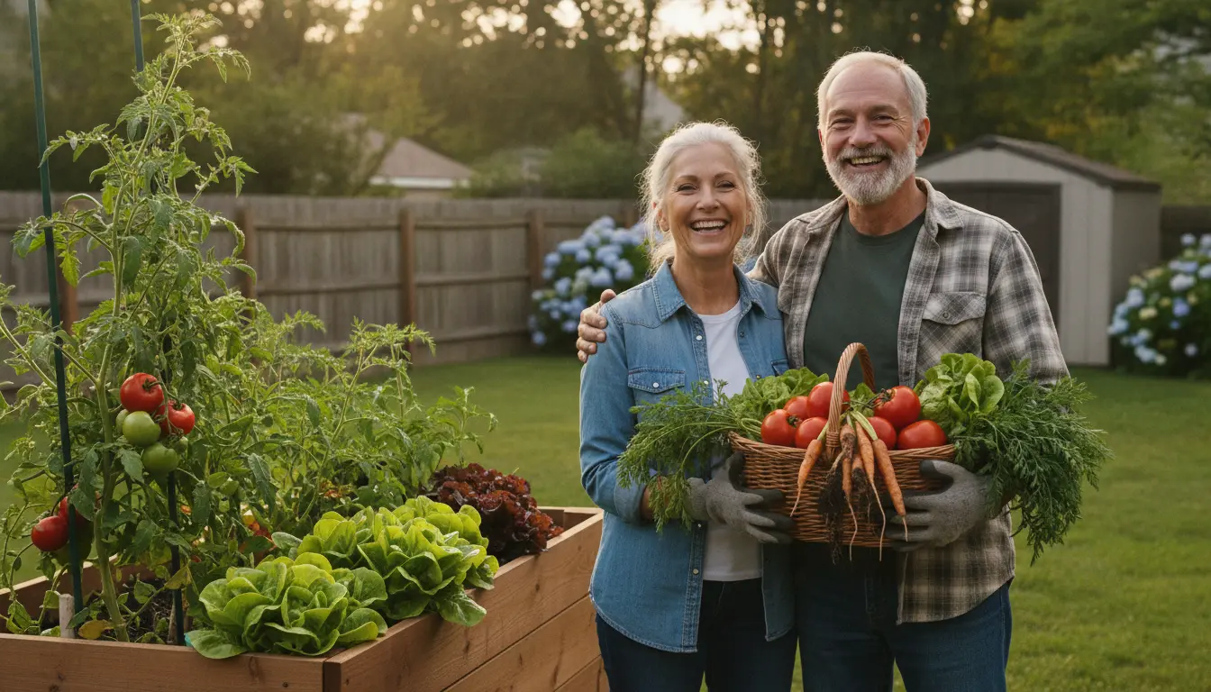 An older couple harvesting vegetables from a tall cedar raised garden bed